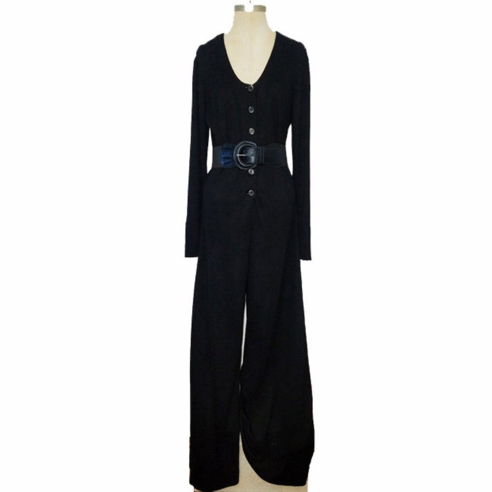 Elegant Black Button-Front Long Sleeve Jumpsuit Belt NOT included